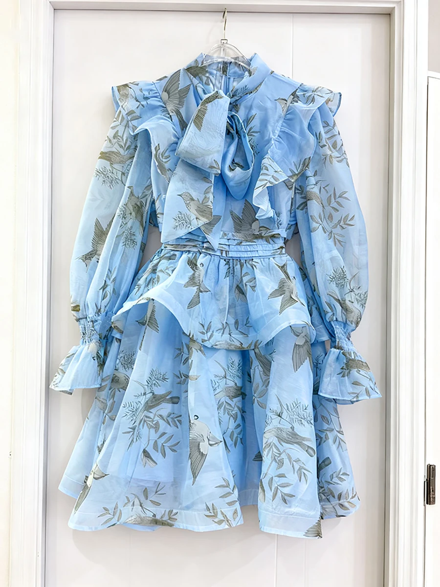 VGH français Vintage impression robe courte pour les femmes col écharpe lanterne manches Patchwork à plusieurs niveaux voir à travers des robes douces femme