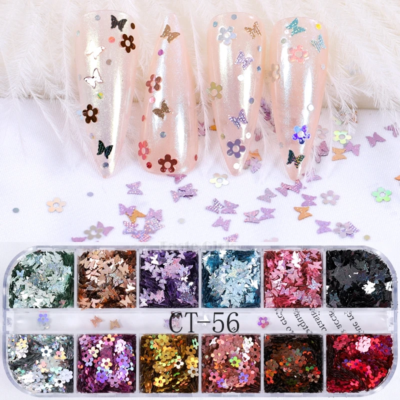 12 Grids/Box Mix Colors Butterfly Plum blossom Holographic Grain Texture Sequins Nail Glitter Paillette Nail Art Slice Decals