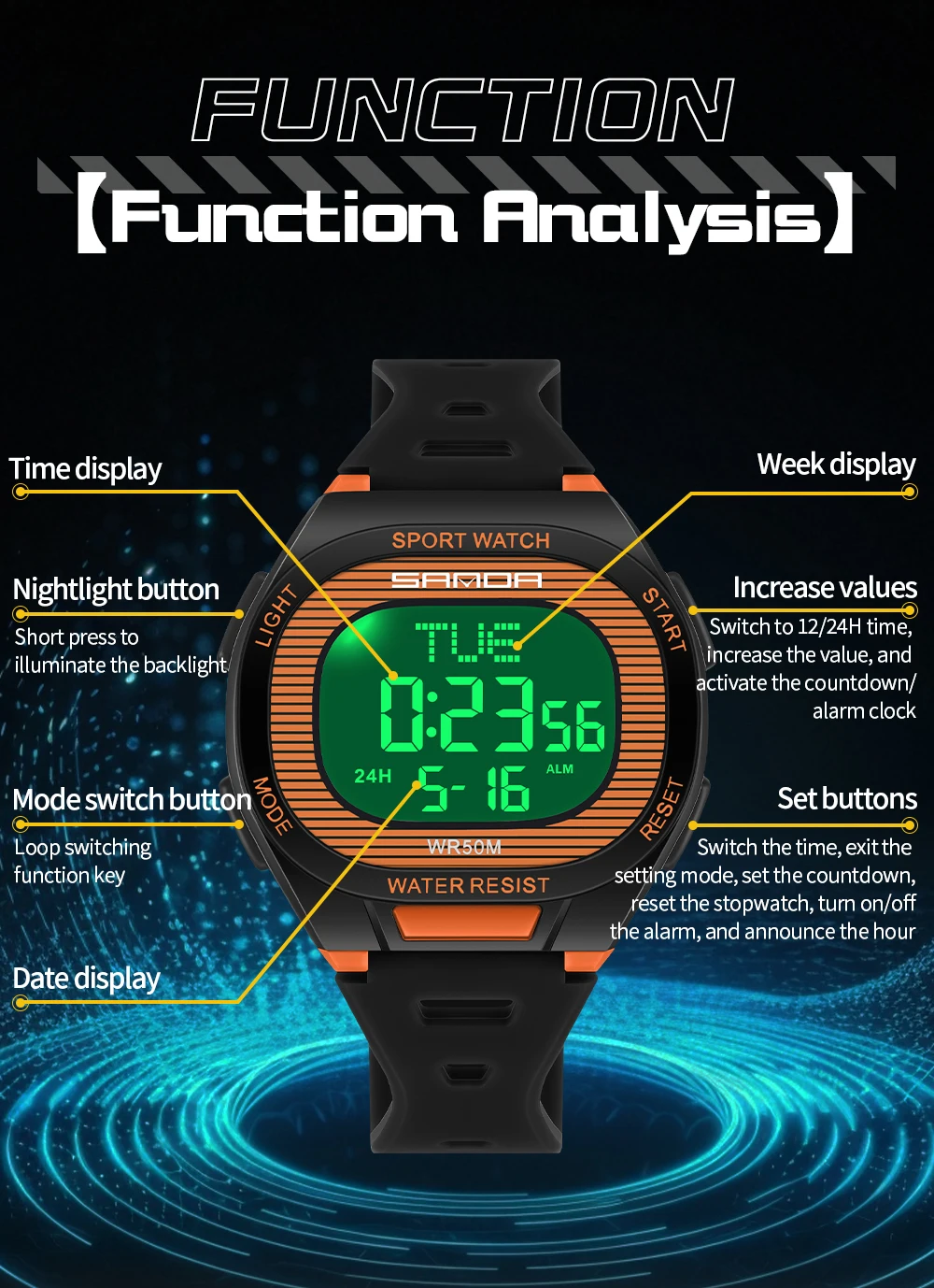 SANDA2025 Новинка 2195, мужские и женские роскошные многофункциональные цифровые часы, светодиодные водонепроницаемые военные спортивные мужские электронные часы