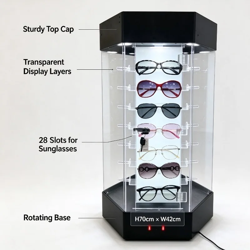 Rotating Eyeglass Holder 28 Pairs Multifunctional Eyeglass Showcase Holders Multifunctional Sunglasses Rack Glasses Display Prop