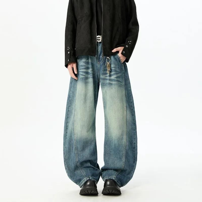 

Autumn Men's Denim Pants Korean Style Washed Patchwork Contrast Color Streetwear Trendy Wide Leg Loose Male Jeans