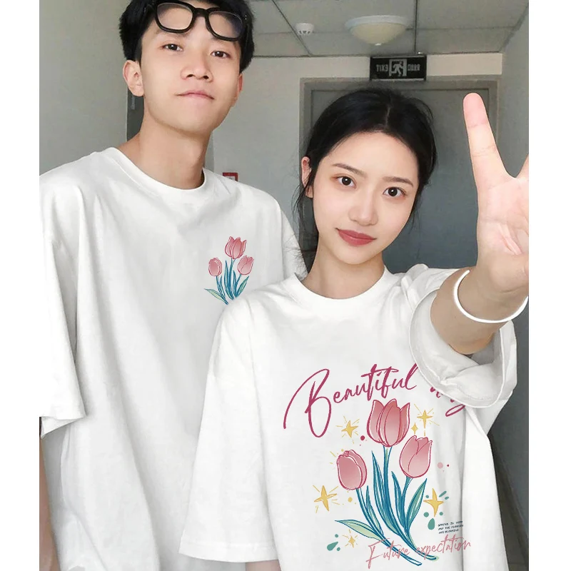 Tulip Pattern Couple clothes Summer Loose Oversized T-shirt 2024 New Trendy High-quality Crew Neck T-shirt