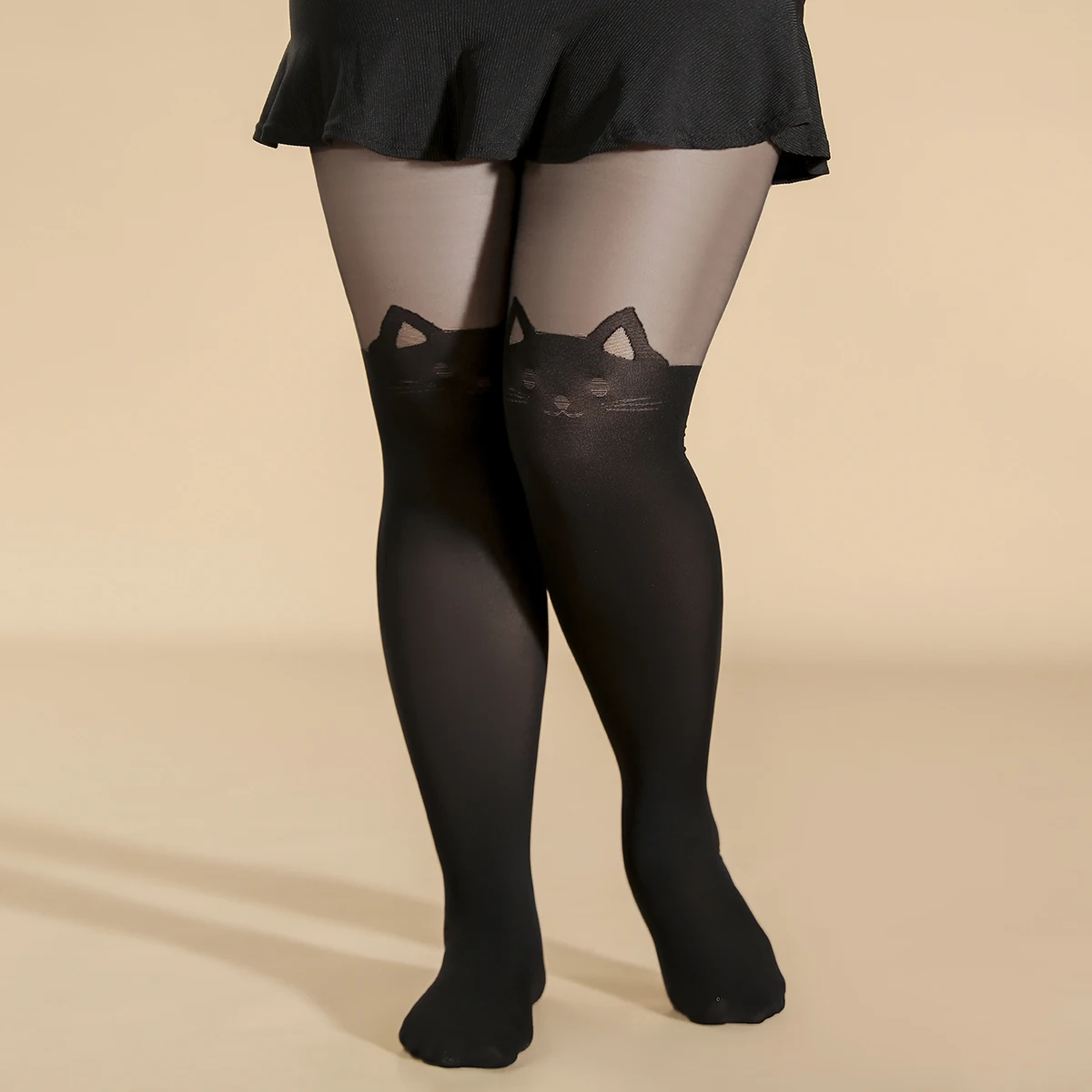 Seksowne pończochy Plus Size dla 0XL-1XL, damskie Plus Cat żakardowe rajstopy z blokami kolorów, półprzezroczyste rajstopy z wysokim stanem