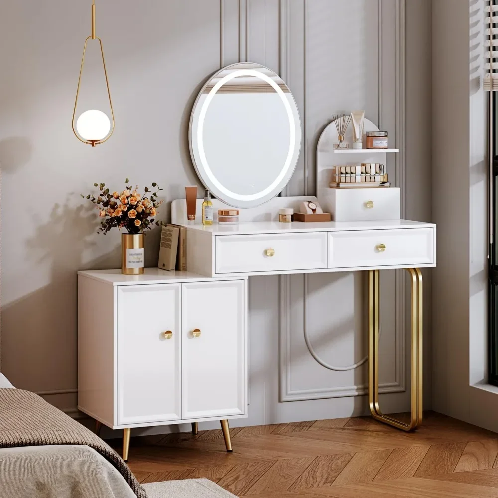 White retractable LDE mirror with 2 spacious drawers, 3 silent drawer slides, vanity with cabinet, 