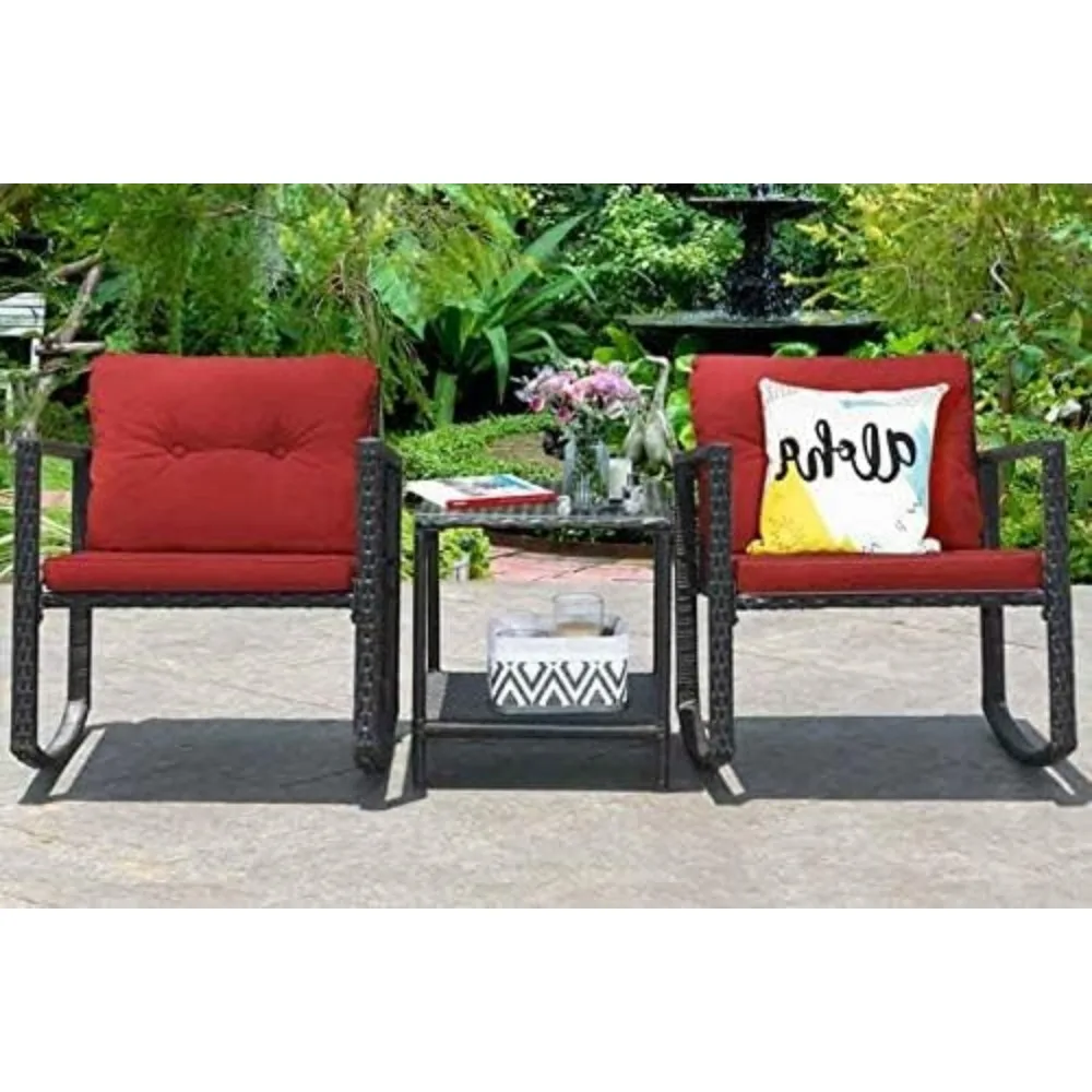 Zestaw mebli ogrodowych z wikliny rattanowej: 3-częściowy zestaw bistro z fotelami bujanymi i stolikiem kawowym