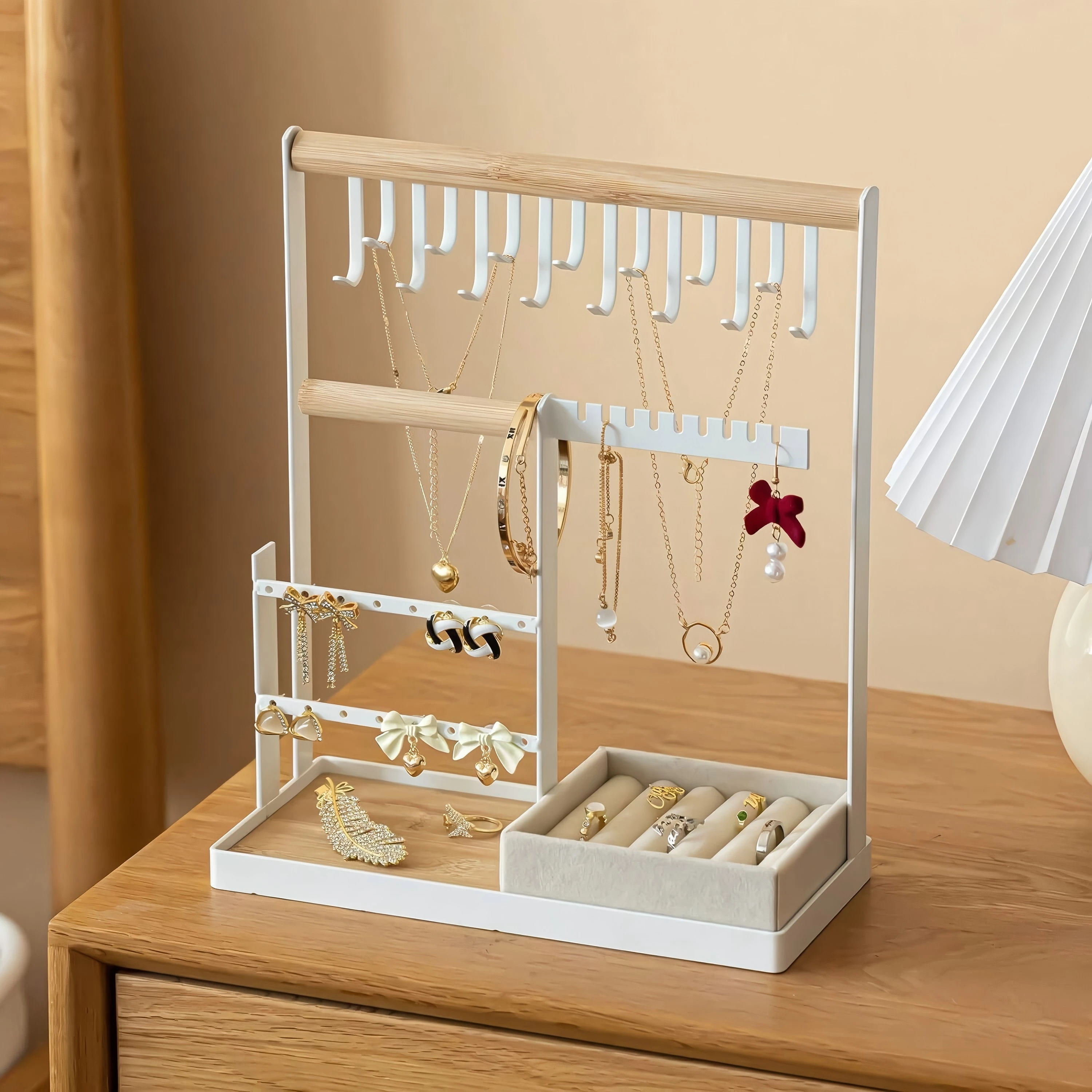 Tyrixma Jewelry Stand Holder Organizer, 4-Tier Necklace Holder with Ring Tray, 10 Hooks Necklaces Hanging Small Jewelry Display Storage Tower Tree for Bracelets Earrings Watches , White