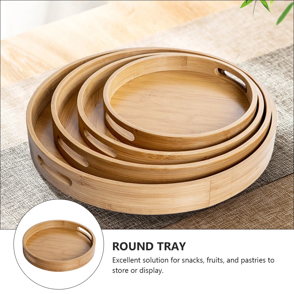 Round Serving Platter Binaural Portable Tray Bread Pan Insulated Desktop for Bathtub Khaki Bamboo