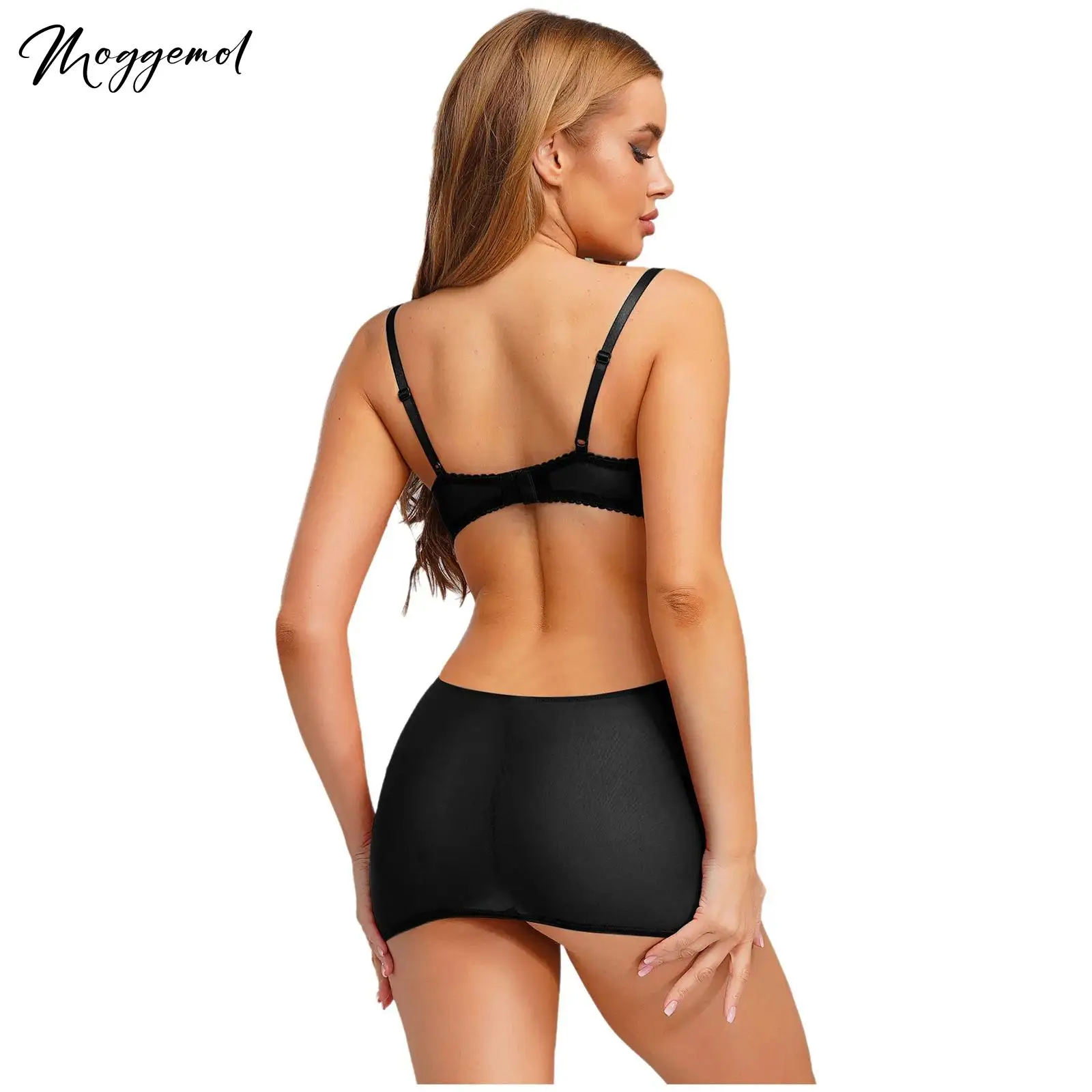 

Womens Sexy Lingerie Nightdress Sleepwear Sheer Mesh Nightwear Dress 1/4 Cup Underwire Bra Backless Bodycon Mini Cami Dress