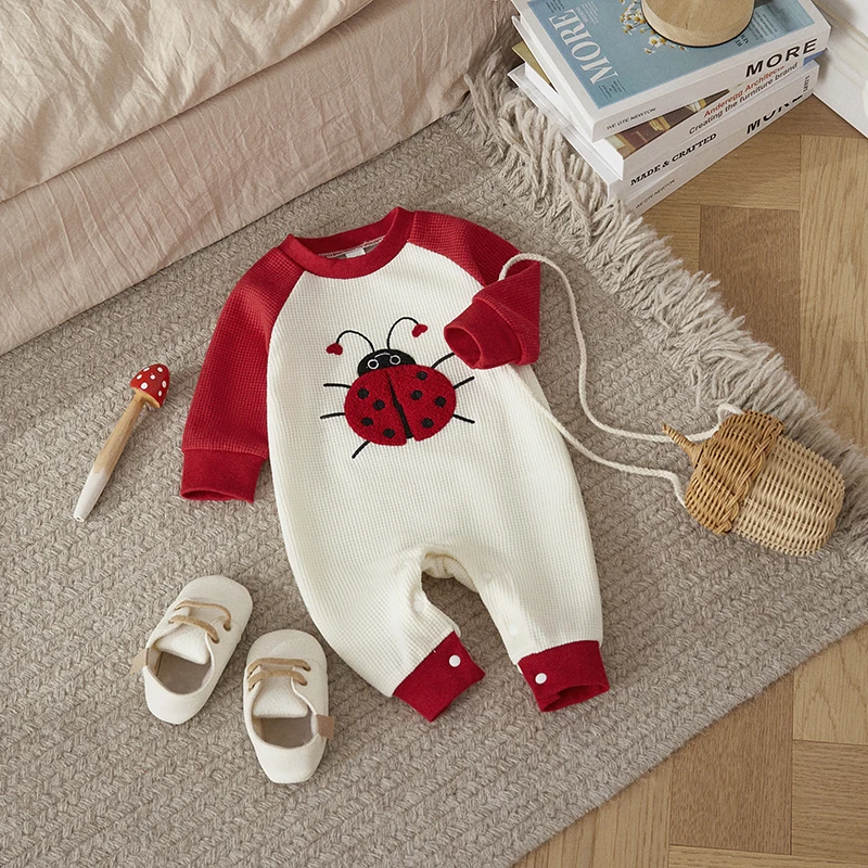 

Listenwind Baby Girl Boy Spring Fall Romper Ladybug Embroidery Long Sleeve Crew Neck Full Length Waffled Jumpsuit