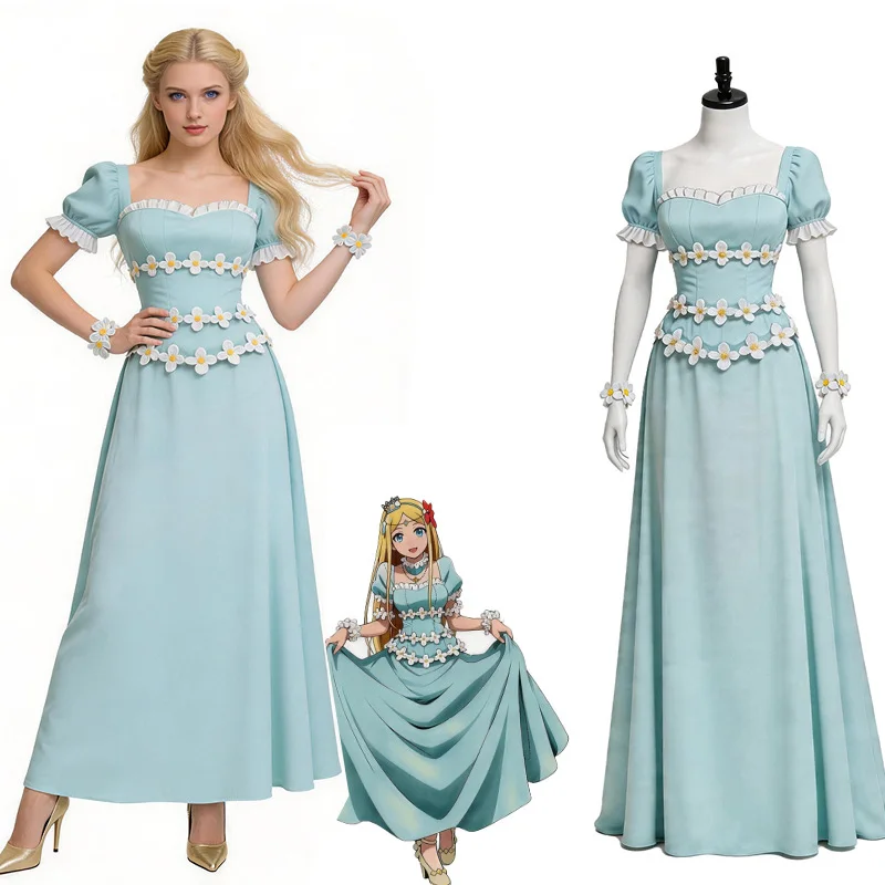

Overlord Renner Cosplay Costume Golden Princess Lanna Blue Elegant Long Evening Dress Anime Princess Party Formal Gown Full Set