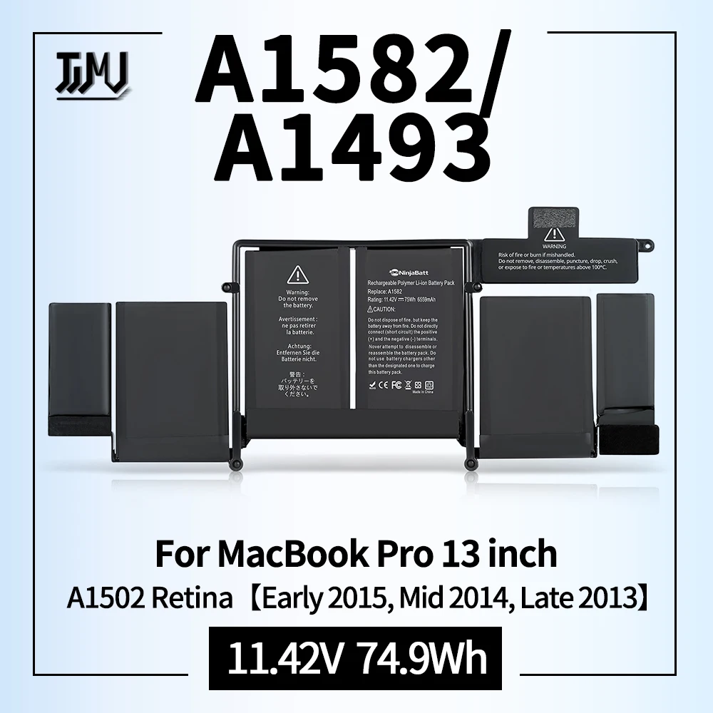 A1582 A1502 Replacement Battery A1493 for MacBook Pro 13 Inch Retina Early 2015 Mid 2014 Late 2013 ME864 ME865 11.42V 74.9Wh