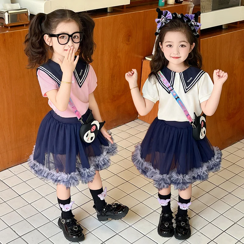 Sanrios Kuromi Kids Jk Suit Navy Collar Short-Sleeved College Style Girls Princess Mesh Skirt Cartoon Cute Toddler Clothes Gifts