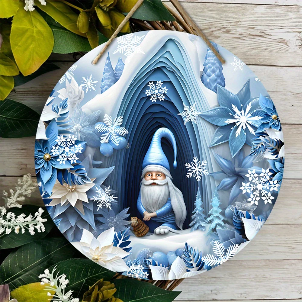 1pc 2D Christmas Blue Santa Claus in The Cave Winter Snowflake Flowers Wood Porch Wreath Hanging Print Sign Painting Home Fence