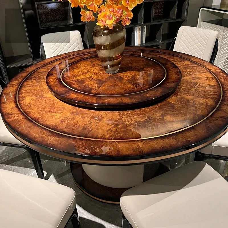 Light luxury solid wood round dining table dining chair combination modern villa high-end dining table one table and six chairs