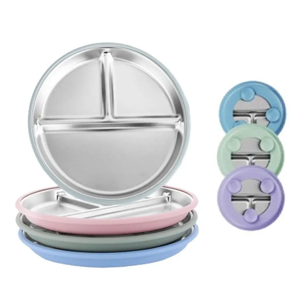 แบ่งออกแบบเด็ก Sucker จานรับประทานอาหาร 304 สแตนเลสสตีลซิลิโคนดูดถ้วยเด็ก 3 กริดจาน Anti-Fall Non-SLIP