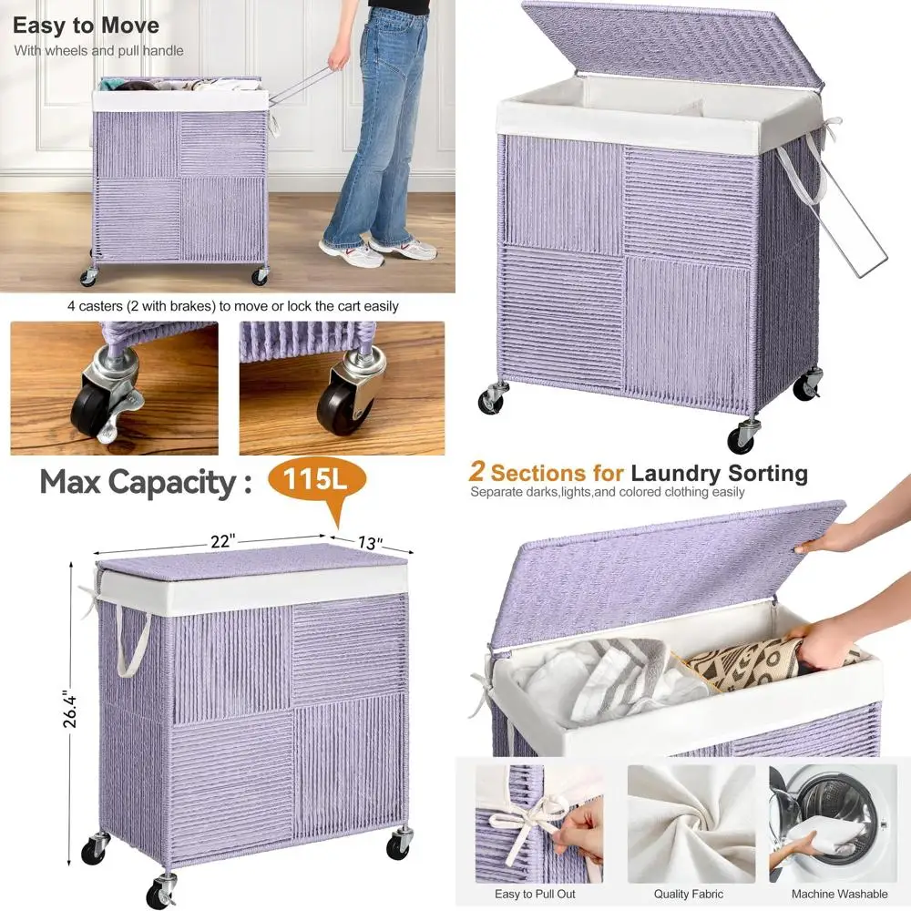 

Большая корзина для белья на колесиках объемом 115 л с крышкой и съемным вкладышем для эффективной организации прачечной