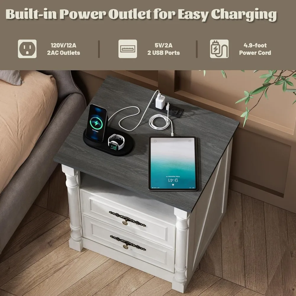 24 Farmhouse Nightstand with Charging Station, Wood Night Stand with 2 Drawers, End Bedside Table Storage Cabinet with Open Shel