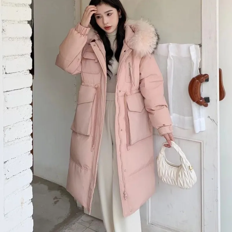 큰 털 칼라 다운 재킷 여성용 중간 길이 겨울 신상 한국 버전 무릎 길이 두꺼운 흰 오리털 허리 재킷 고급스러운