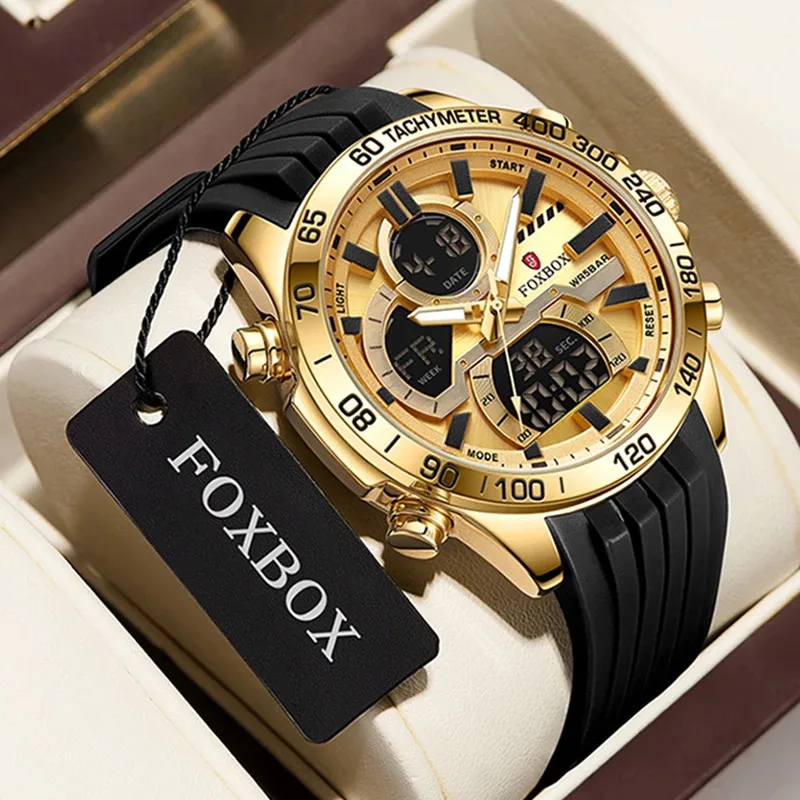 LIGE FOXBOX Luxury Military Watch for Men Sport Chronograph Dual Digital Man Wristwatch ​Waterproof Quartz Date Week Watches+Box