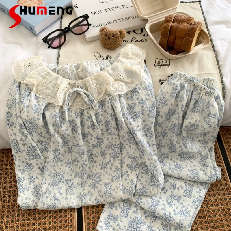 النمط الياباني الفتيات الملابس الداخلية الزرقاء الأزهار جولة الرقبة الدانتيل الخريف بيجامة مجموعة الشارع ارتداء طويلة الأكمام Homewear للنساء