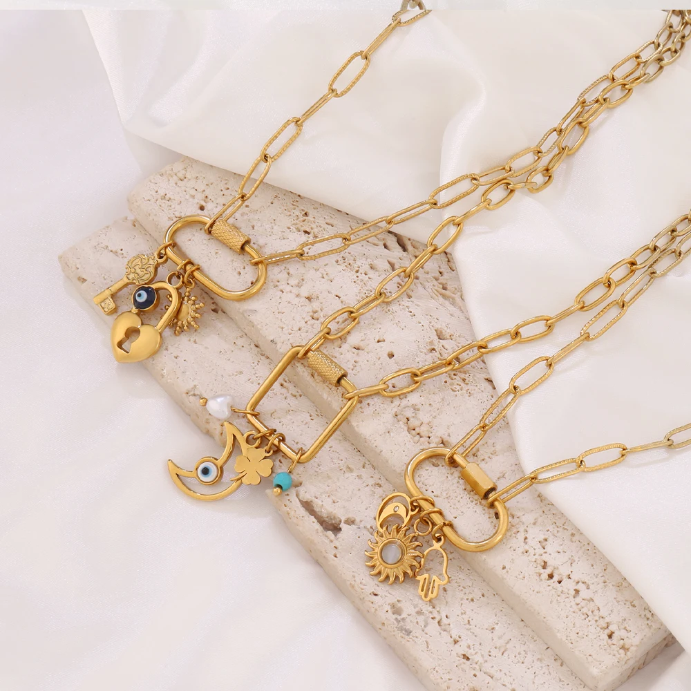 316L الفولاذ المقاوم للصدأ المشبك قلادة قلادة للنساء الشمس القمر الفيروز القلب سلسلة بدلاية القلائد مجوهرات هدية
