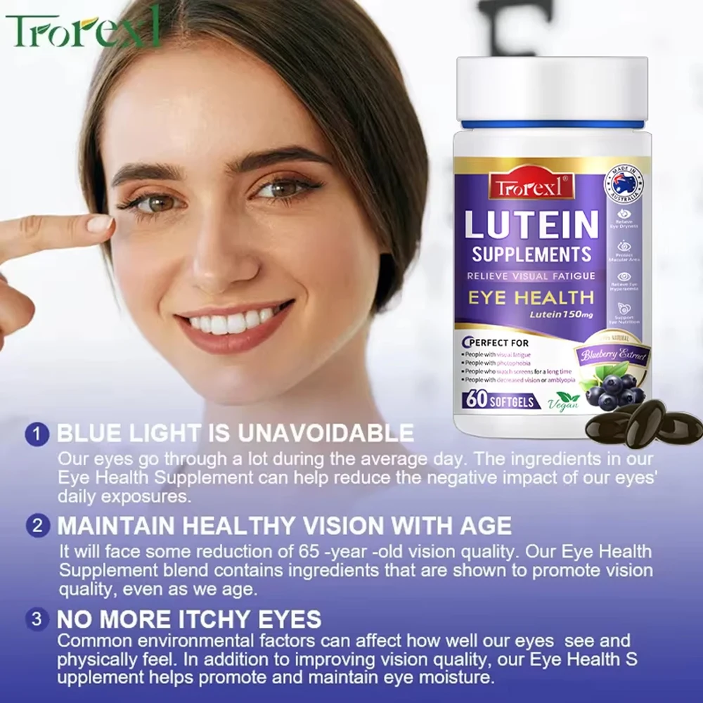 Trorexl Eye Vitamins with Lutein,bilberry Extract for Eyestrain,Dry Eyes,and Vision Health,vision Restoration and Myopia Support