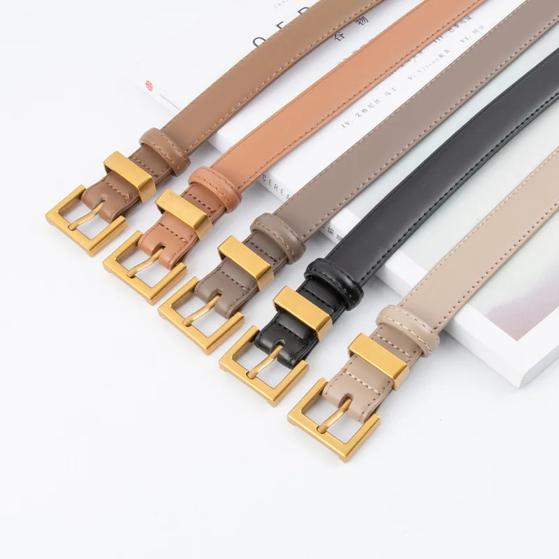 Genuine Leather Gold Square Buckle Women's Belt Casual Jeans Fashion Accessories Versatile Pin Buckle Student Thin Belt