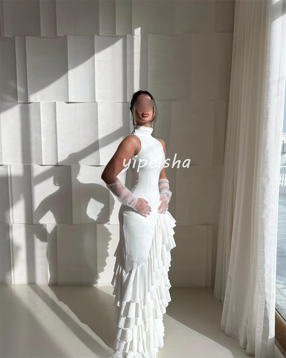 Customized Modern Style Pastrol Chiffon Ruched Ruffle Tiered Mermaid Scoop Neck Long Dresses Bespoke Occasion Dresses Exquisite image 3