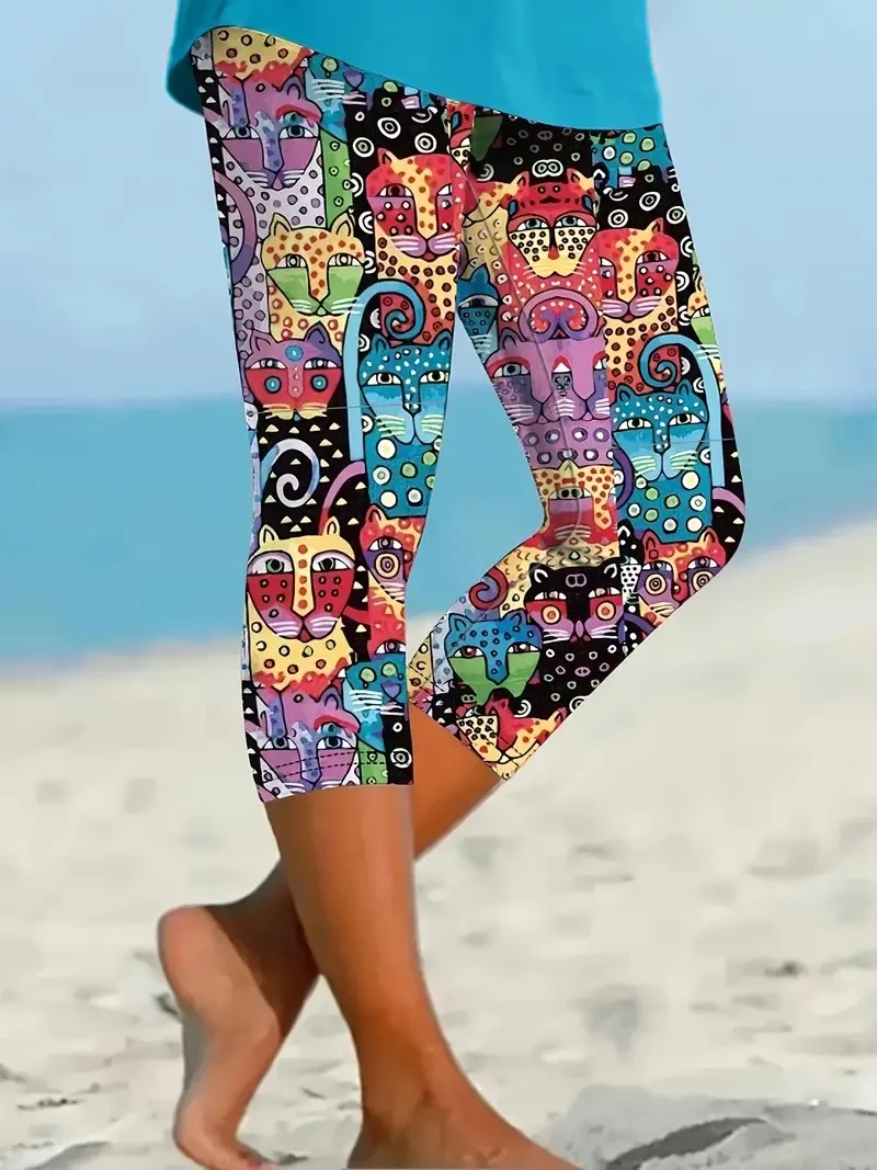 Cute kitten print stretch slim elastic waist tight casual leggings capri pants for women