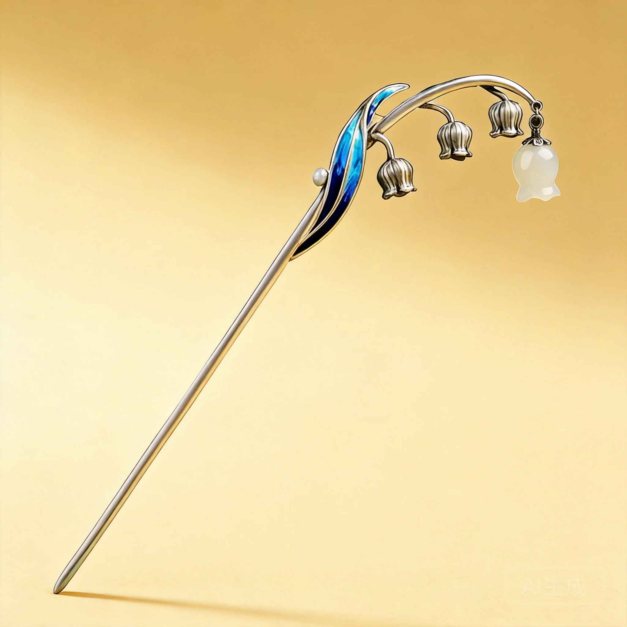 Chinese Style Vintage Thai Silver Cloisonne Enamel Lily Of The Valley Hairpin Auspicious Blessing Good Luck White Jade Pendant