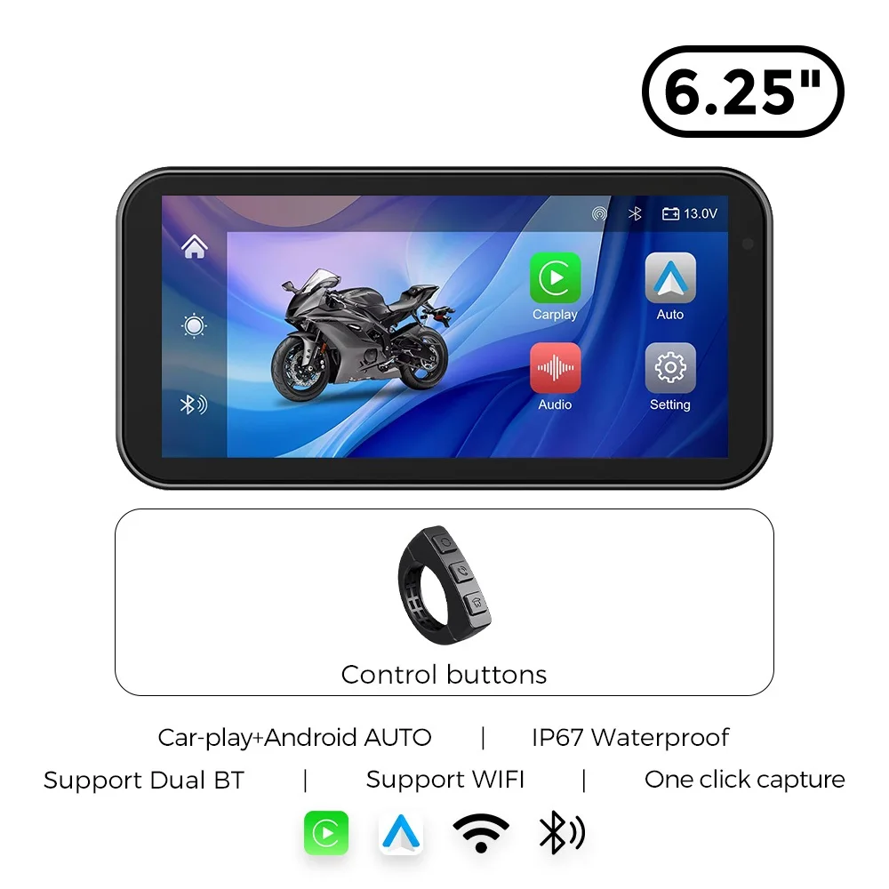 NaviFly 6,25 inch draadloze carplay en Android Auto motorfiets IPX7 BT helmnavigatie scherm draagbare DVR TPMS