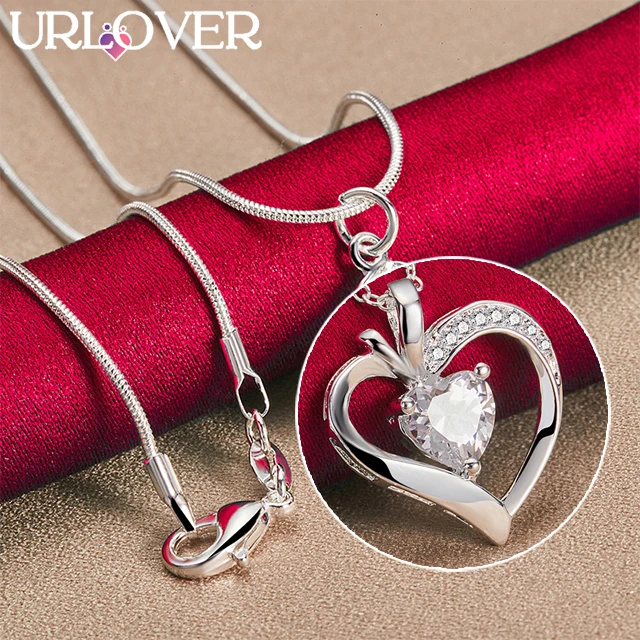 URLOVER 925 Sterling Silver Necklace For Woman Heart Zircon Crystal Pendant Necklaces Fashion Party Wedding Birthday Jewelry