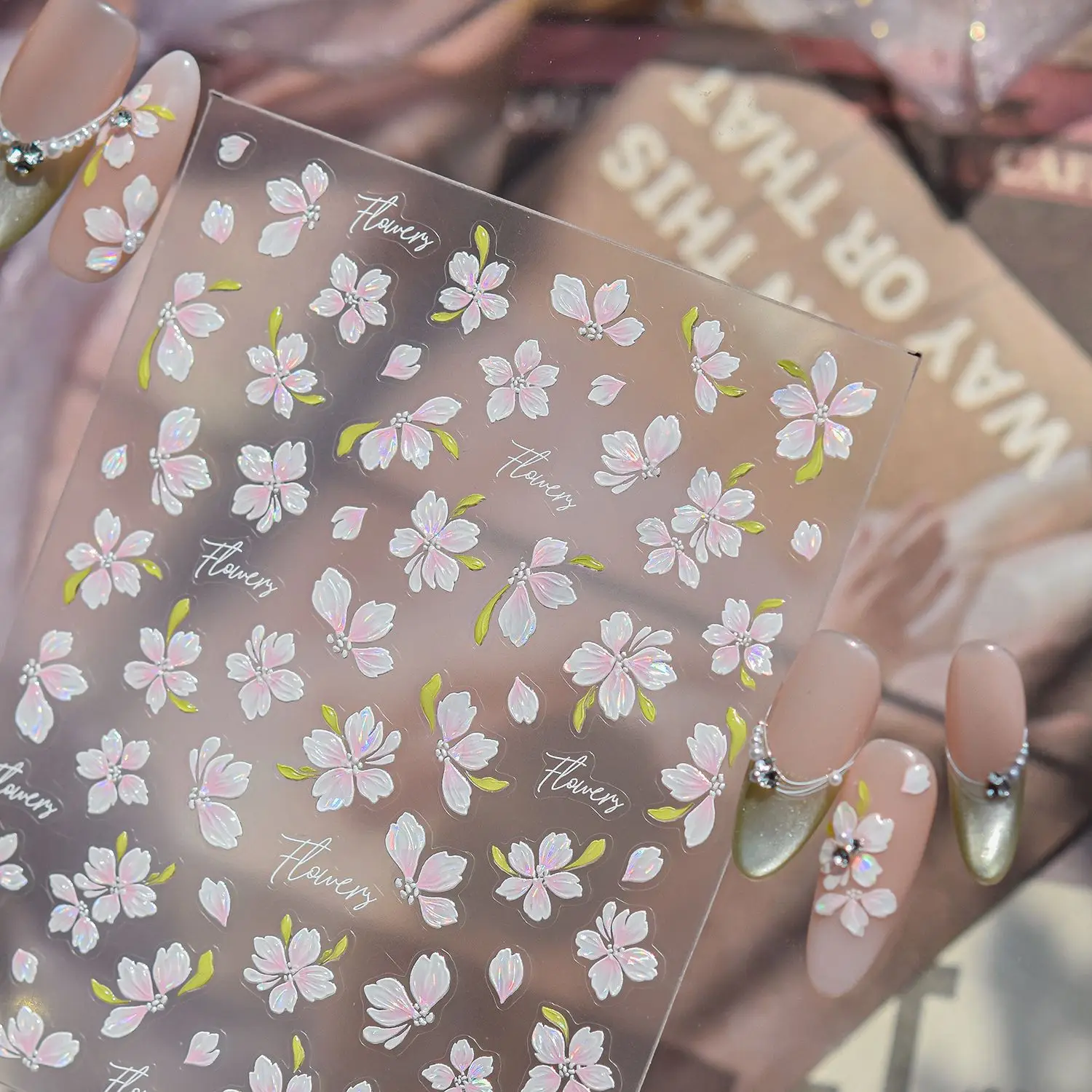 Elegant Pink Flower Nail Art Stickers 5D Metal Cherry Blosso