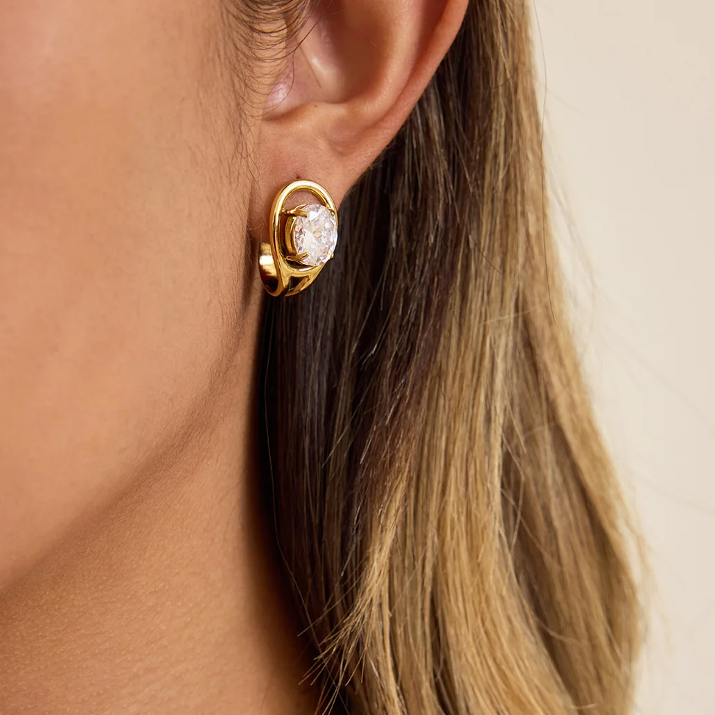 Ars Stainless Steel C-shaped Earrings 18K Gold Plated Inlaid Zircon Stud Earring for Women Statement Ear Studs Dainty Earrings
