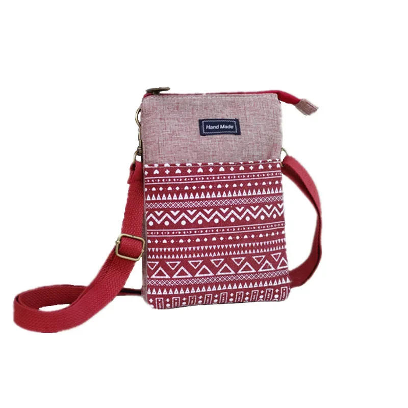 Ethnic style large screen women mobile phone bag Canvas multi-layer fashion female shoulder bag student Girl small bag