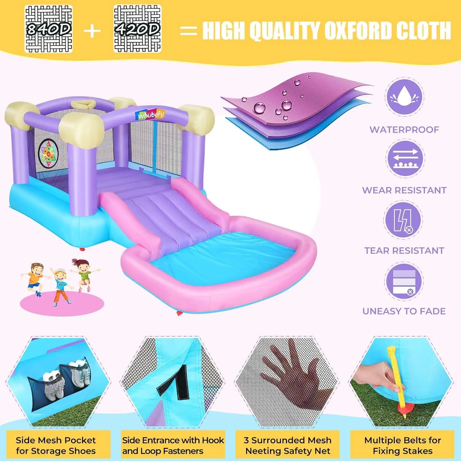 منزل ترتد وردي قابل للنفخ للأطفال ، حديقة مائية الكل في واحد للقفز والانزلاق مع 50 كرة المحيط ، 6 كرات دارت ، 2-8 ، 161x82x63