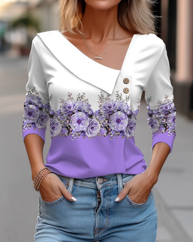 Pink Floral Print Graphic T Shirt For Women 2024 Spring Autumn Casual V-neck Long Sleeve T-shirt Female Top Tees