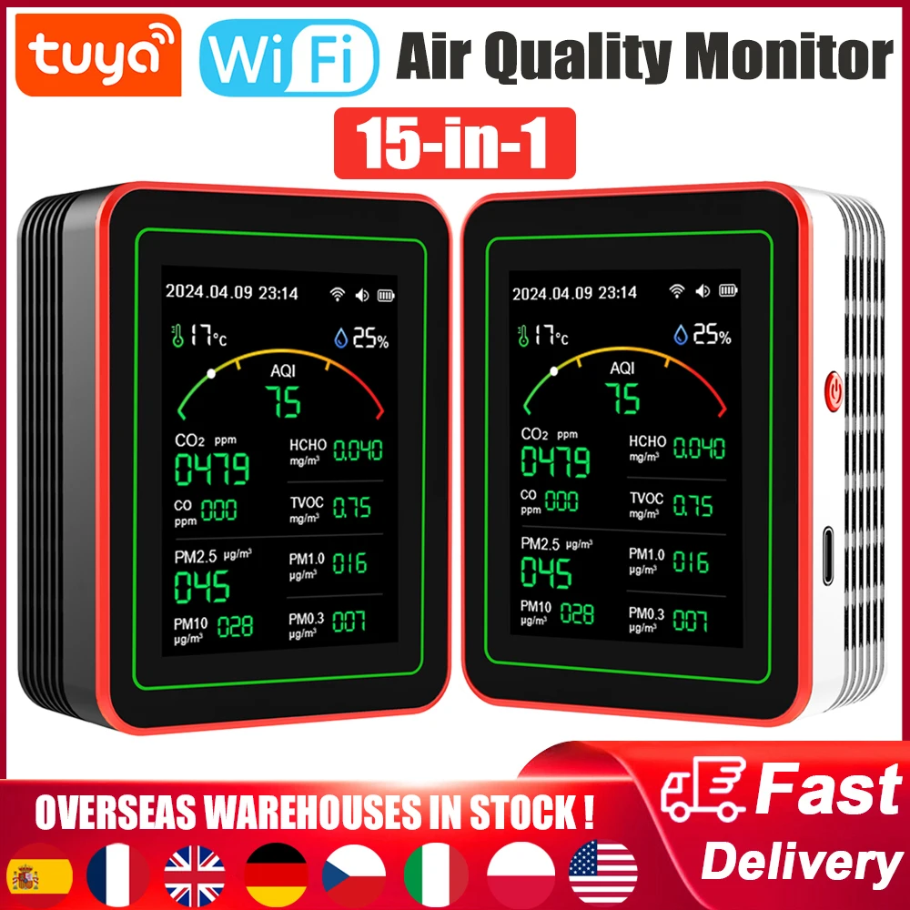 Tuya WiFi 15-in-1 مراقبة جودة الهواء CO/CO2/HCHO/TVOC/AQI/PM0.3/PM1.0/PM2.5/PM10/درجة الحرارة/الرطوبة/AQI جهاز اختبار جودة الهواء
