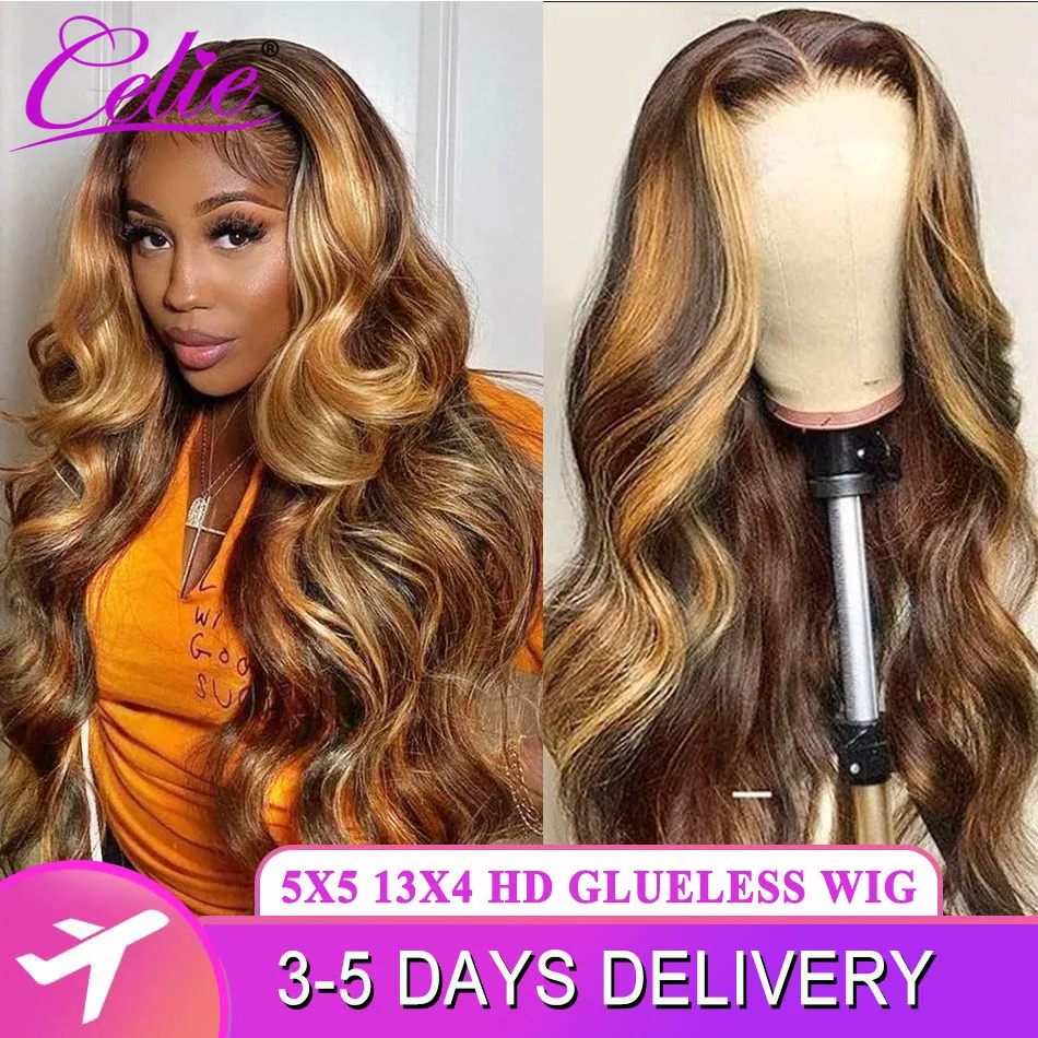 Celie Glueless Highlight Wig Human Hair Body Wave HD Transparent Ombre Colored Human Hair Wigs 4 27 Honey Blonde Lace Front Wig