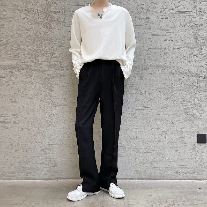 2023Trousers Suit Open Trend Simple Men's Casual Hem Pant Male Fashion Loose Korean Streetwear Straight Pants Man