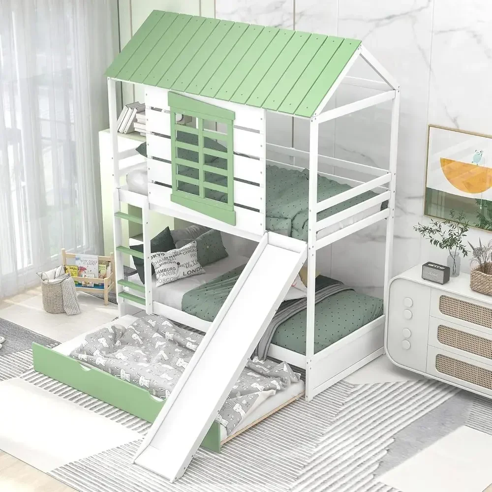 

Twin Over Twin Bunk Bed with Slide, Trundle & Windows - Space-Saving, White and Green for Kids and Teens