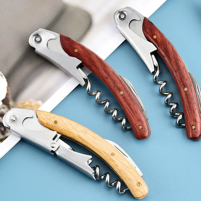 100Pcs Wine Bottle Openers With handle Corkscrews Sharp Micro-Serrated Knife Natural Wood Beer Bottle Openers Wholesale