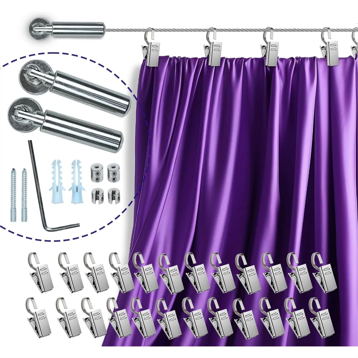 Adjustable Wire Curtain Rod 16.4 FT with 24 Clips, Indoor Outdoor Room Divider Hanging System for Curtains, Clothesline, and