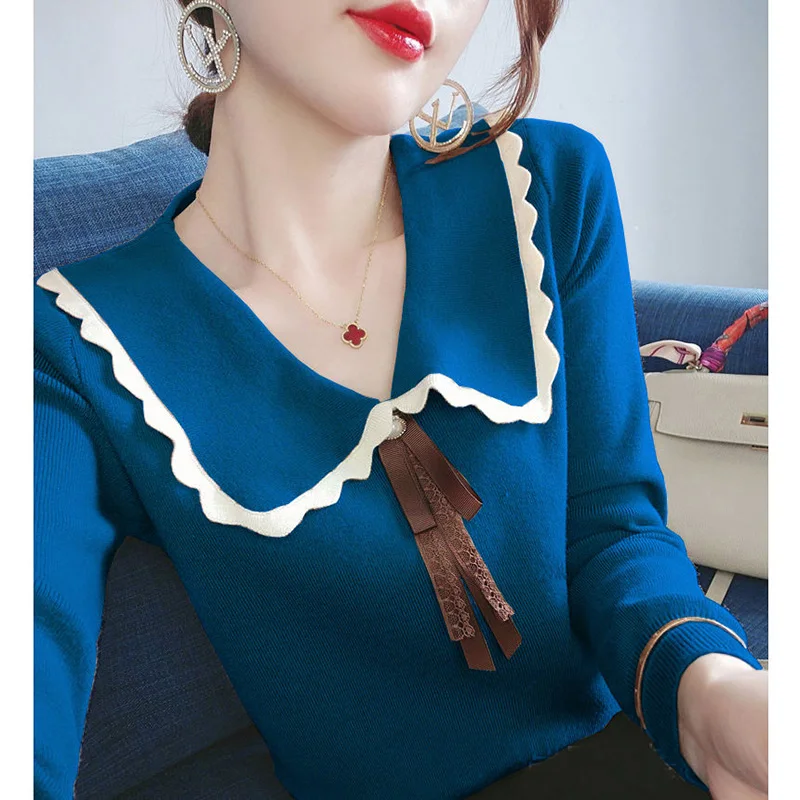 

Sweet Peter Pan Collar Spliced Beading Lace Up Bow Sweater Women's Clothing 2022 Autumn New Casual Pullovers Loose Korean Tops