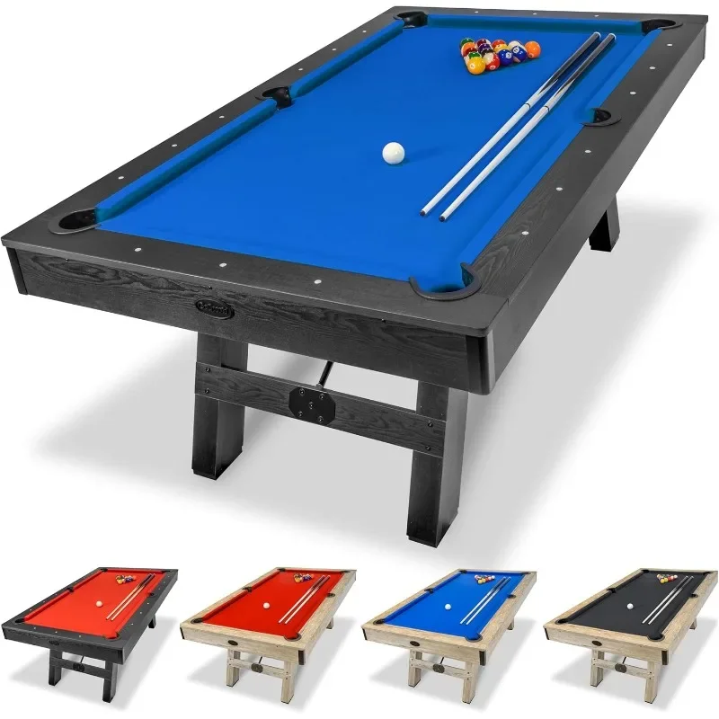 Pool Table with Wood Finish - Modern Billiards Table with Cue Sticks