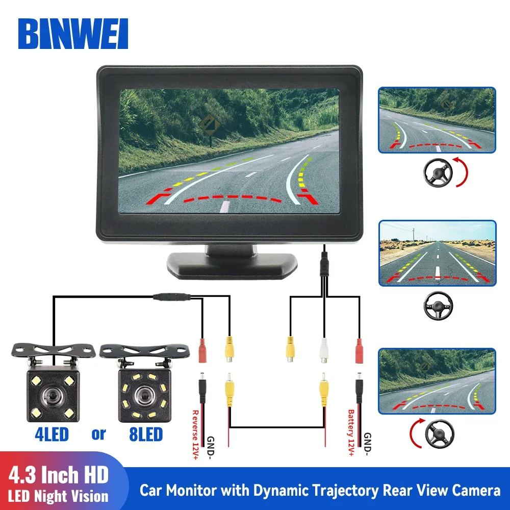 

BINWEI Universal 4.3 Inch Car Monitor with Dynamic Trajectory Parking Line for Vehicle Backup Track Rear View Camera with Screen