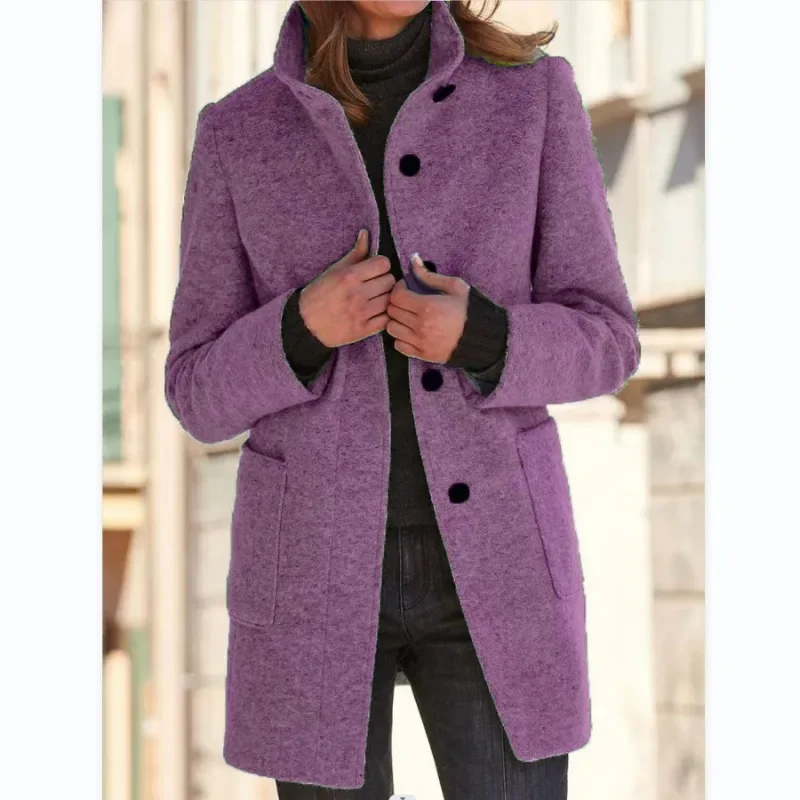 Autumn Winter Vintage Long Sleeve Single Breasted Pocket Slim Fit Jacket Outwear Women Stand Collar Woolen Coat