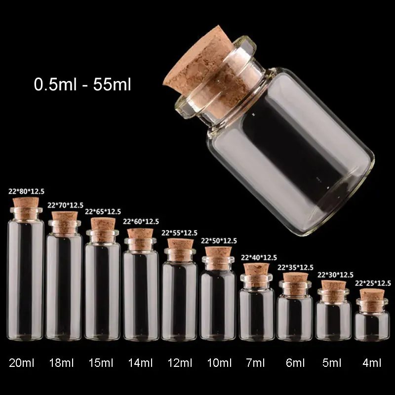 0.5ml - 55ml Dia.12 / 22 / 30 mm  Empty Glass Bottle With Wood Clear Crimp Neck  Containers Decorative Craft Corked Stopper Vial