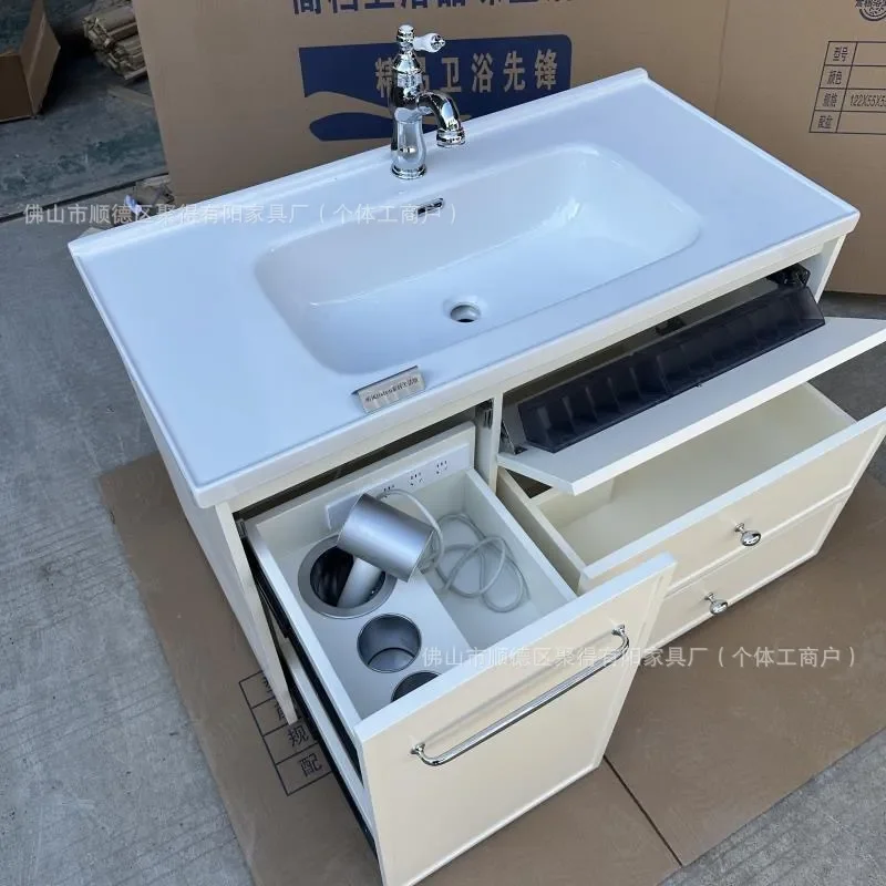 for Solid Wood Pull Basket Bathroom Cabinet with Hair Dryer Socket Ceramic Integrated Basin Washbasin Combo
