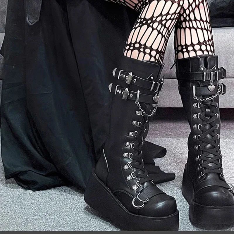 Metalowa klamra Chunky Platform Punk Boots Women 2024 Winter Gothic Thick Bottom Knee High Boots Woman Black Wedges Cosplay Shoes